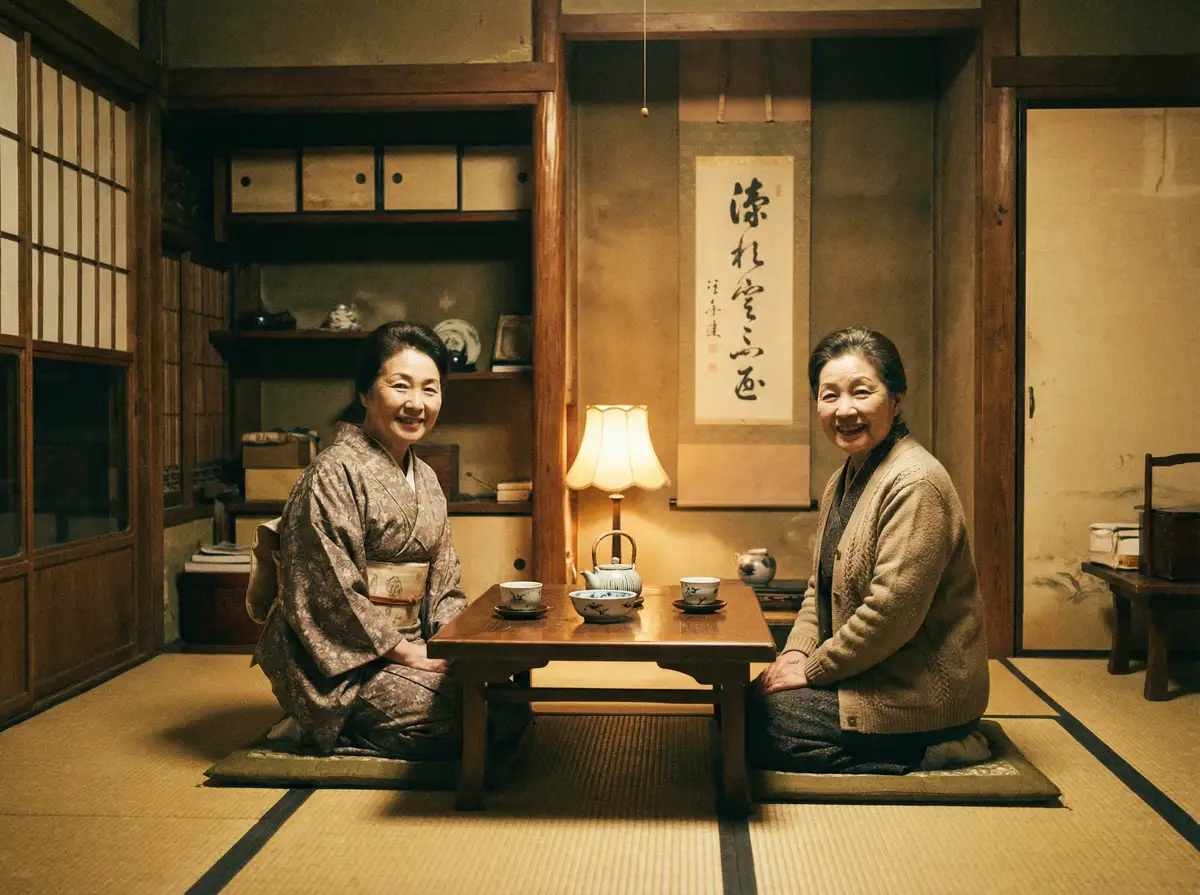 两位优雅的 akgk701国产 在日式茶室中品茶交谈